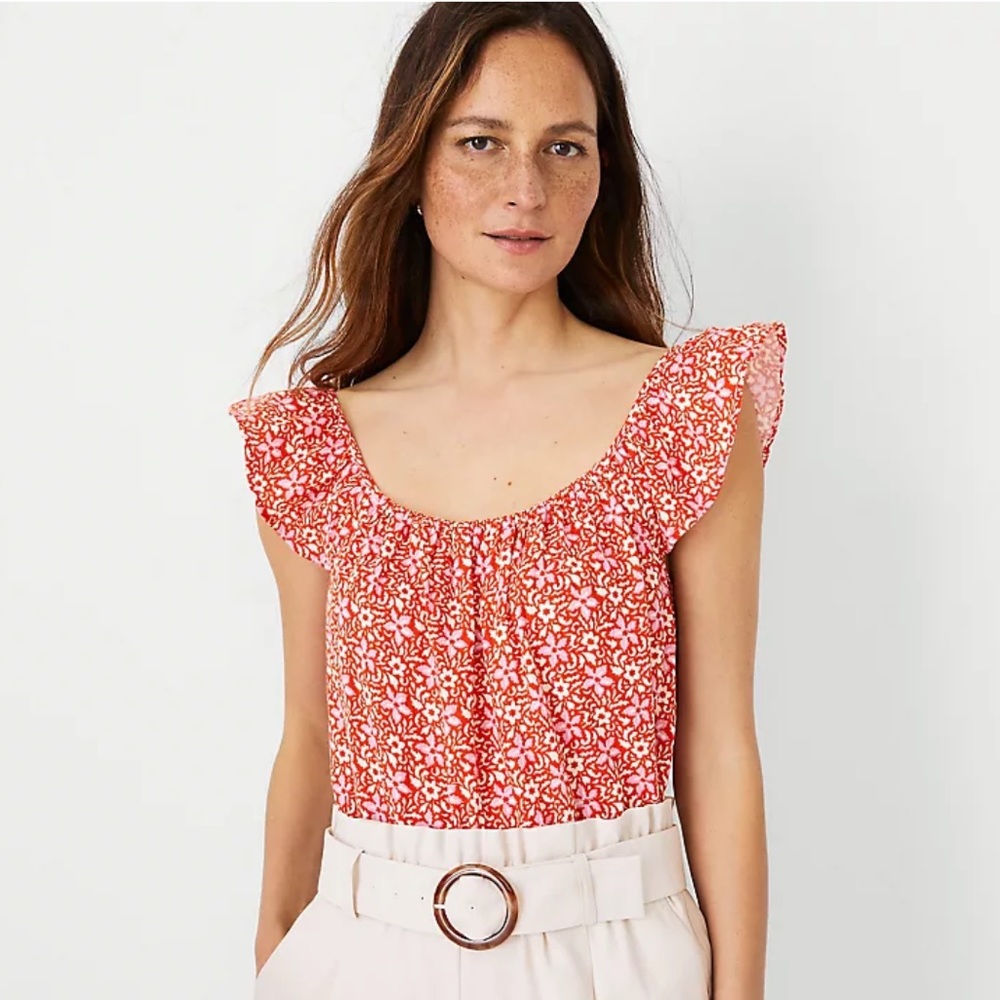 NWT Ann Taylor Floral Gauze Ruffle Strap Tank Top Red Pink Women’s Medium